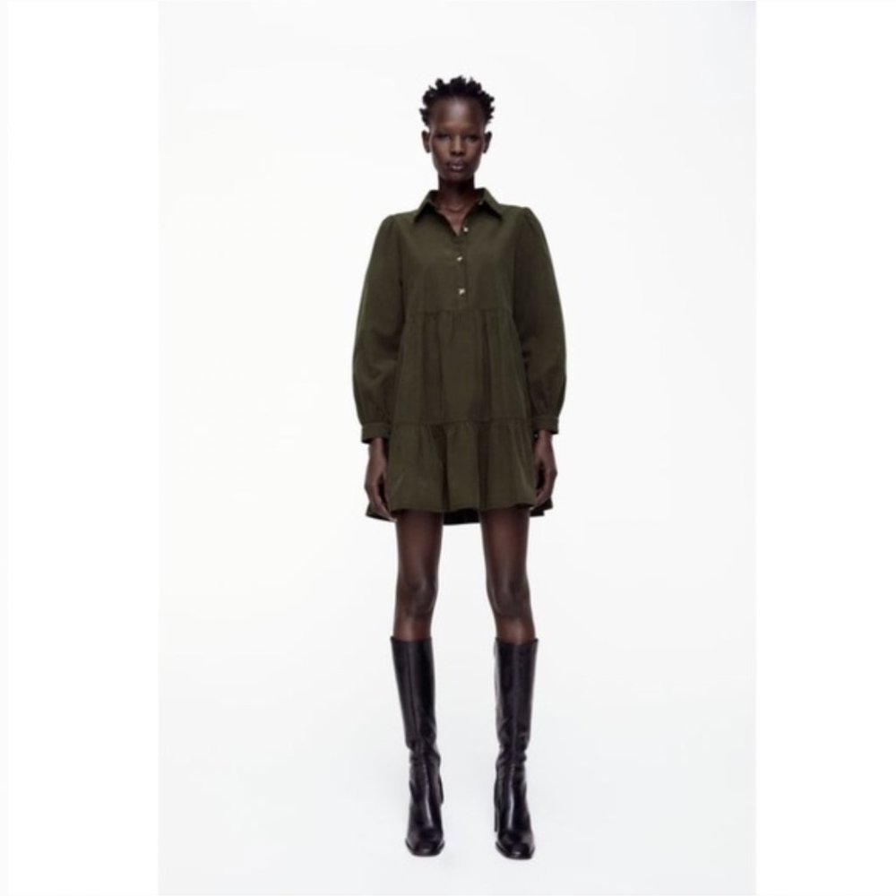 ZARA Corduroy Short Dress XS Dark Green Khaki